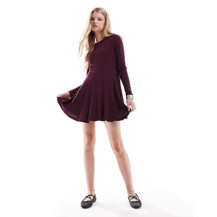 Monki long sleeve mini skater dress in burgundy ASOS