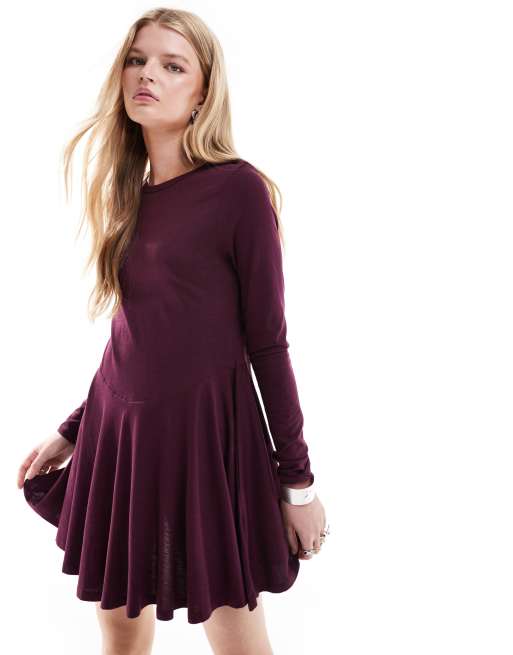 Monki long sleeve mini skater dress in burgundy