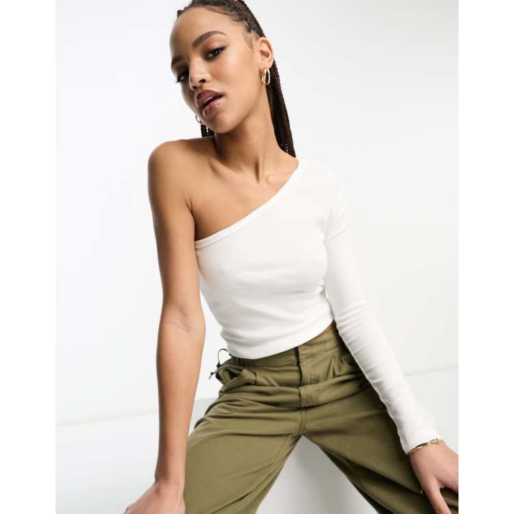 One shoulder long sleeve white top hot sale