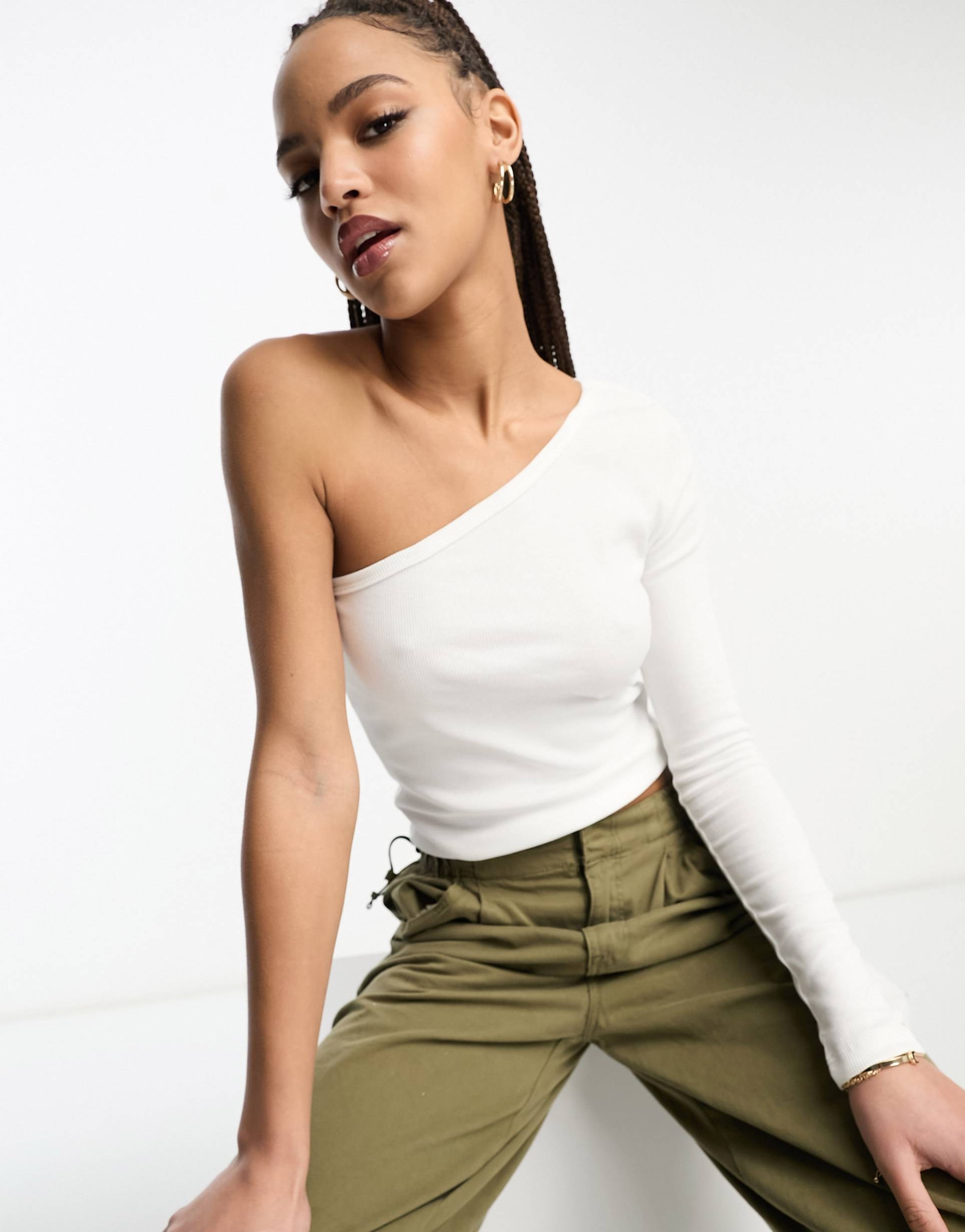 monki long sleeve one-shoulder top in white