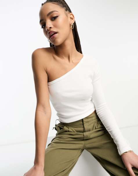 Monki long sleeve one shoulder top in white