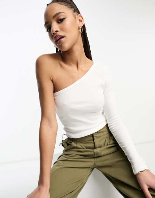 ASOS DESIGN One Shoulder Long Sleeve Crop Top In White, 52% OFF