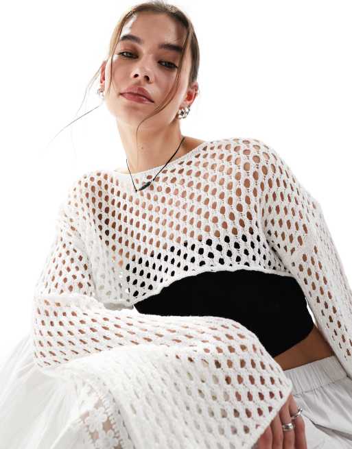 Monki Long Sleeve Open Crochet Knitted Bolero In Off White Asos