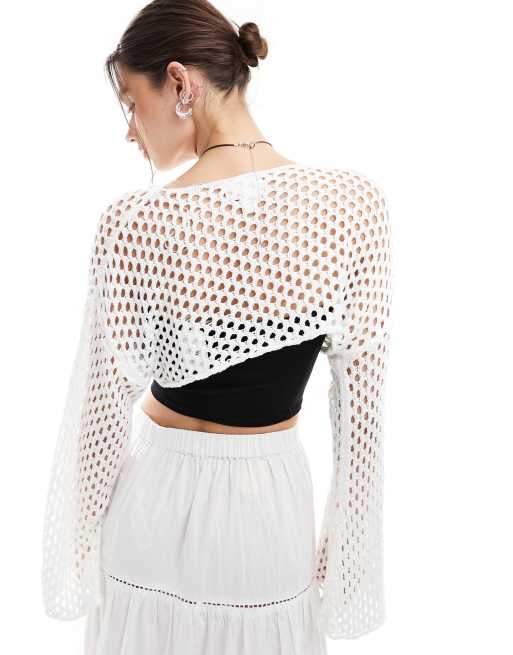 Monki long sleeve open crochet knitted bolero in off white, 4 of 4