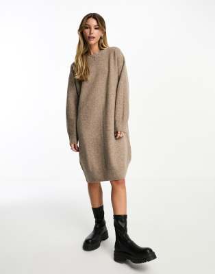 Monki long sleeve oversized knitted jumper dress in beige