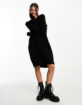 Monki long sleeve oversized knitted jumper dress in black