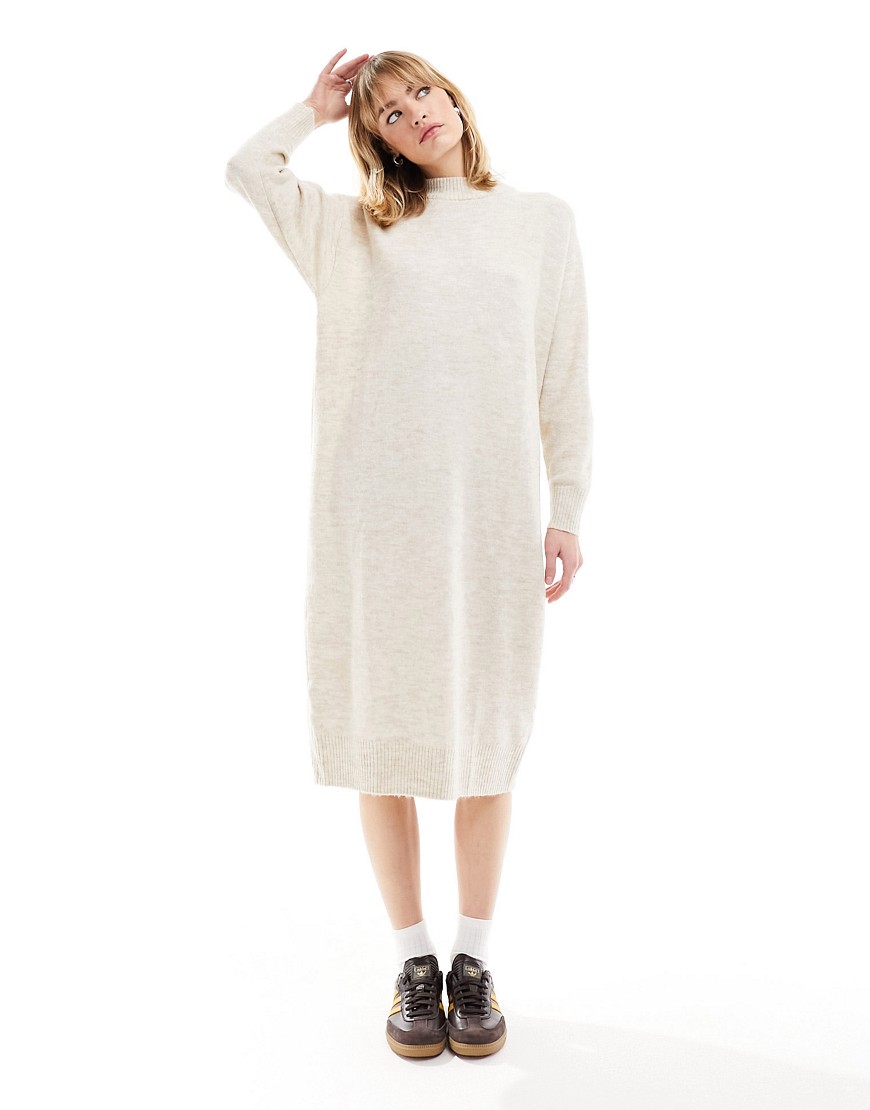 Monki long sleeve oversized midi knitted dress in off white
