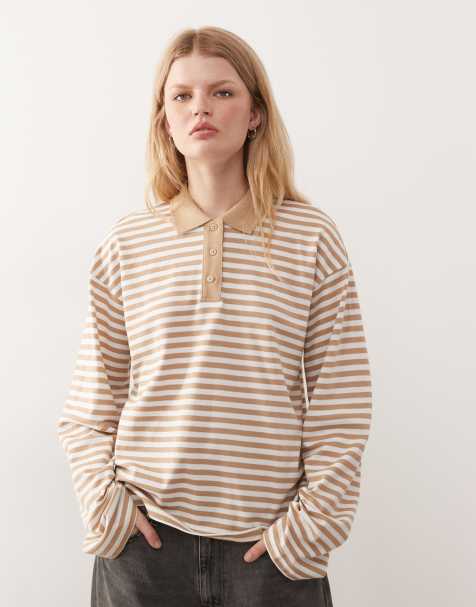 Monki long sleeve oversized rugby polo in beige and white stripe