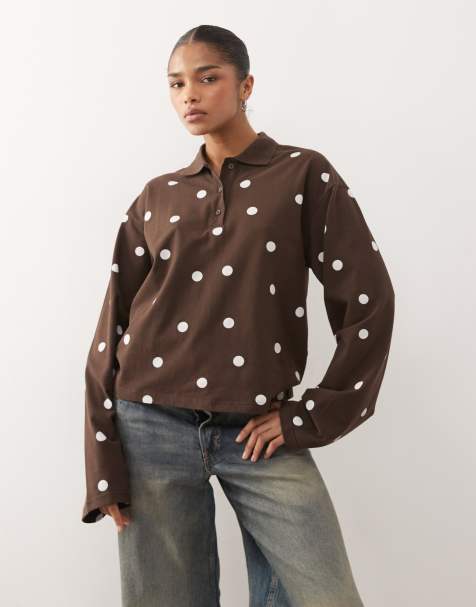 Monki long sleeve oversized rugby polo in chocolate brown and white polka dot
