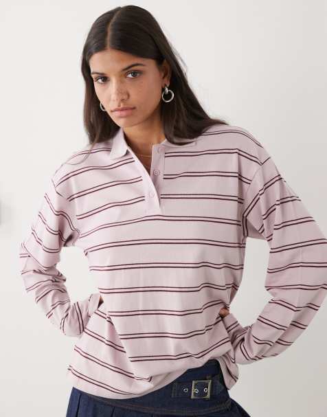Monki long sleeve oversized rugby polo in light pink and brown stripe - view 1