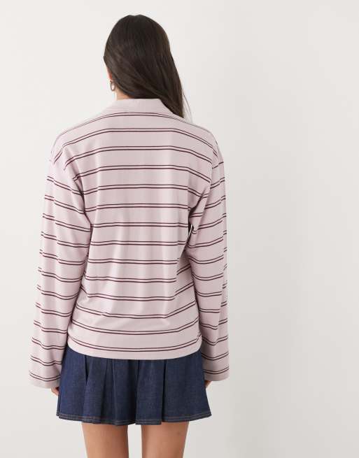 Monki long sleeve oversized rugby polo in light pink and brown stripe, 3 of 4