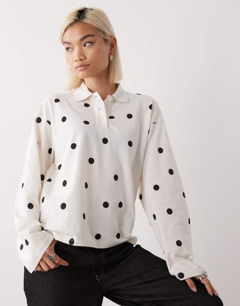 Monki long sleeve oversized rugby polo in white and black polka dot - view 1