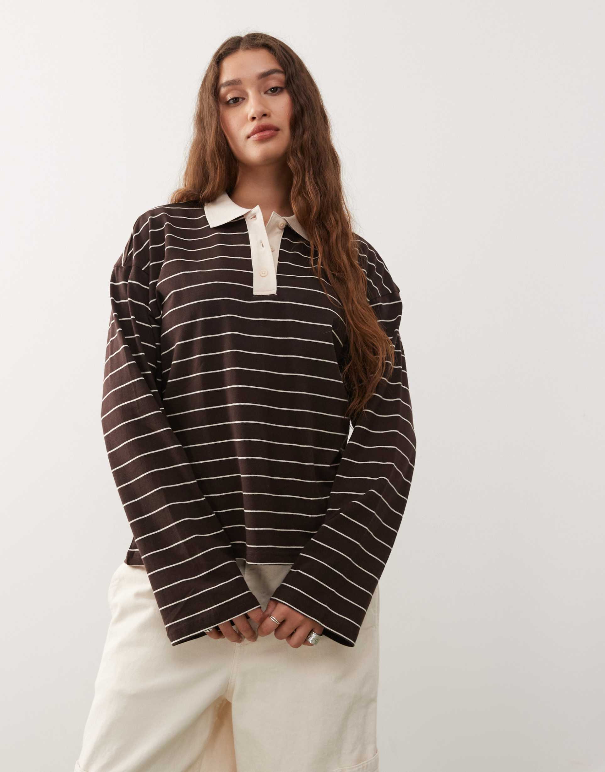 monki long sleeve oversized rugby polo shirt in brown stripes