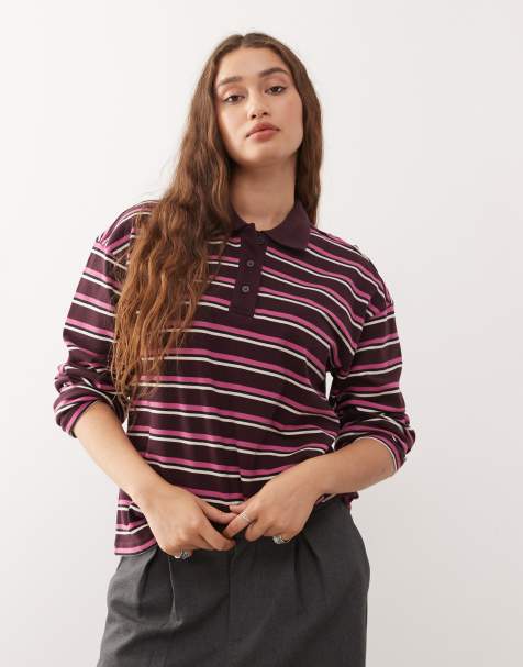 Monki long sleeve oversized rugby polo shirt in burgundy and plum stripes - view 1