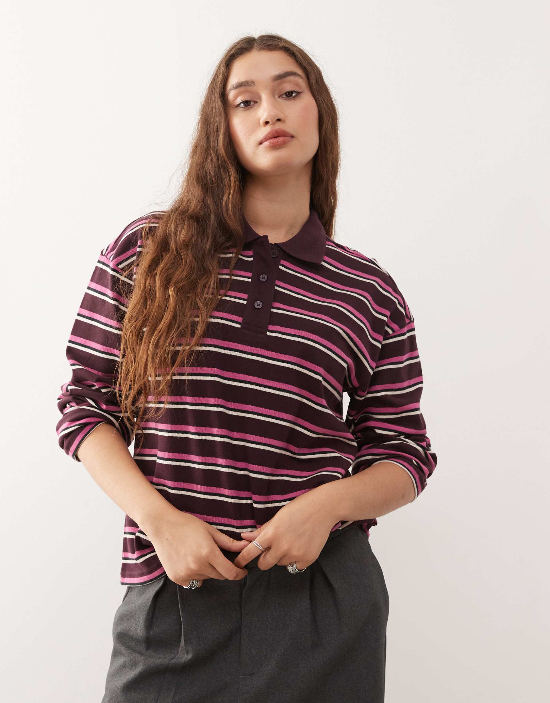 monki long sleeve oversized rugby polo shirt in burgundy and plum stripes