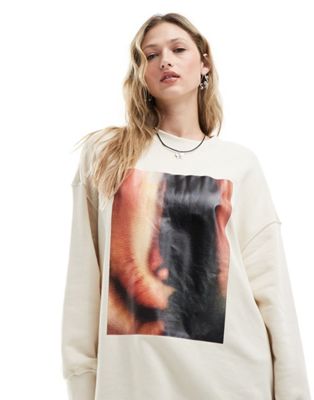Monki long sleeve oversized sweater in beige with front print