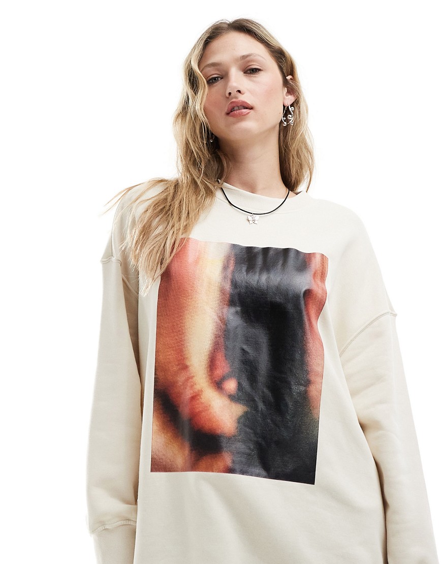 Monki long sleeve oversized sweater in beige with front print-Neutral