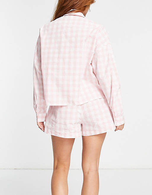 Monki Cotton Long Sleeve Pyjama Short Set With Strawberries in Pink Womens Clothing Nightwear and sleepwear Pyjamas 