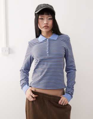 monki long sleeve pique polo in blue and brown stripe