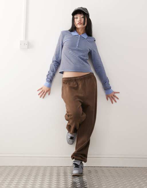 Monki long sleeve pique polo in blue and brown stripe , 2 of 4
