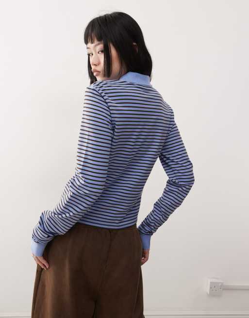 Monki long sleeve pique polo in blue and brown stripe , 4 of 4