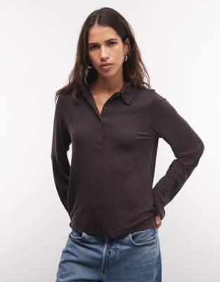 Monki Long Sleeve Polo Top In Blue