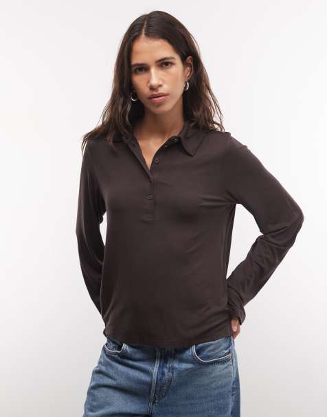 Monki long sleeve polo top in dark brown - view 1