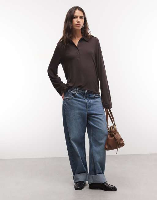 Monki long sleeve polo top in dark brown, 2 of 4