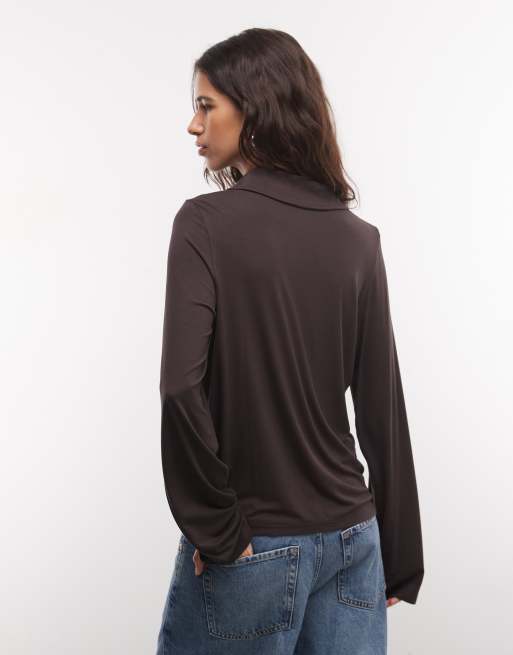 Monki long sleeve polo top in dark brown, 4 of 4