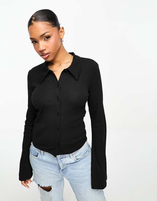 Monki long sleeve ribbed collar top with button detail in black | ASOS