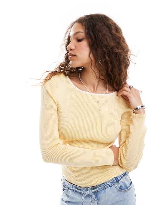 Monki long sleeve ribbed knit boat neck top in two tone yellow and white