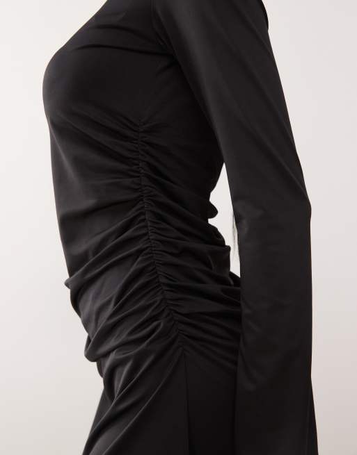 Monki long sleeve ruched mini dress in black, 3 of 4