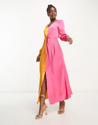 Monki long sleeve ruched satin colour block front maxi dress in multi - ASOS Price Checker
