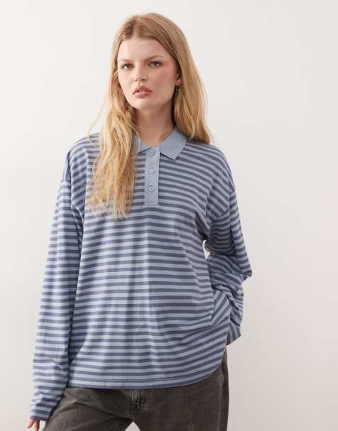Monki long sleeve rugby top in blue stripe - view 1