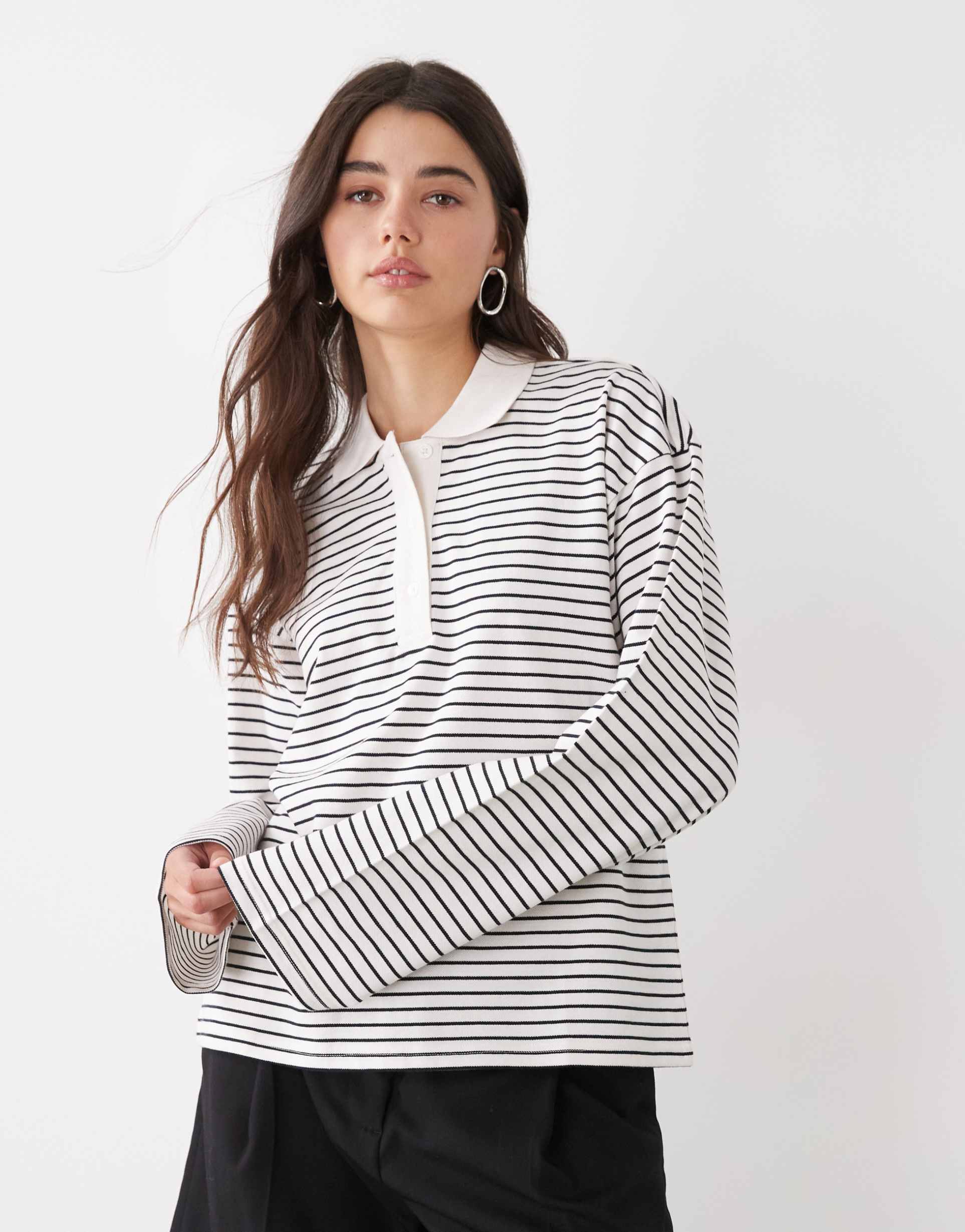 monki long sleeve rugby top in white stripes