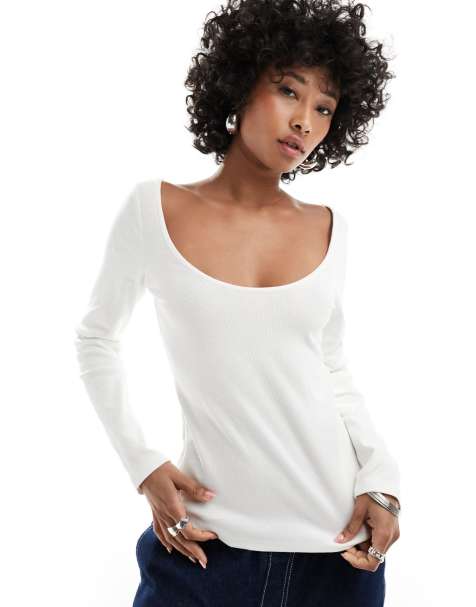 Monki long sleeve scoop back top in off white - view 1