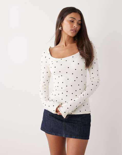 Monki long sleeve scoop neck top in cream polka dot - view 1
