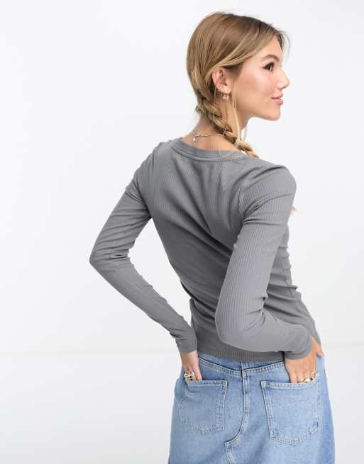 ASOS DESIGN seamless scoop neck long sleeve top in Slate Grey