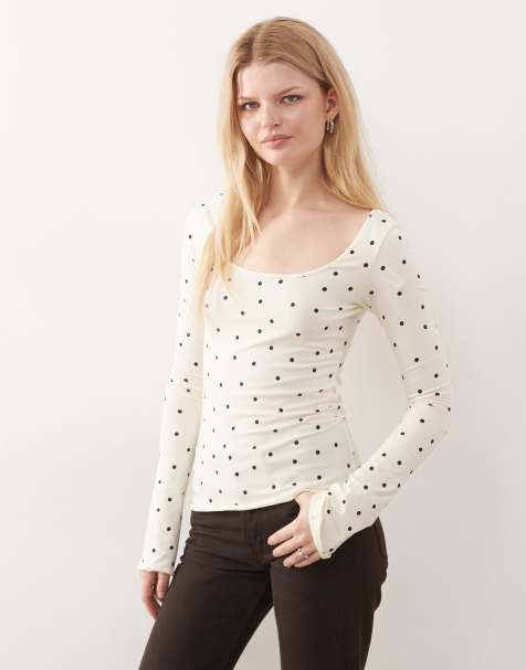 Monki long sleeve scoop neck top in yellow polka dot - view 1