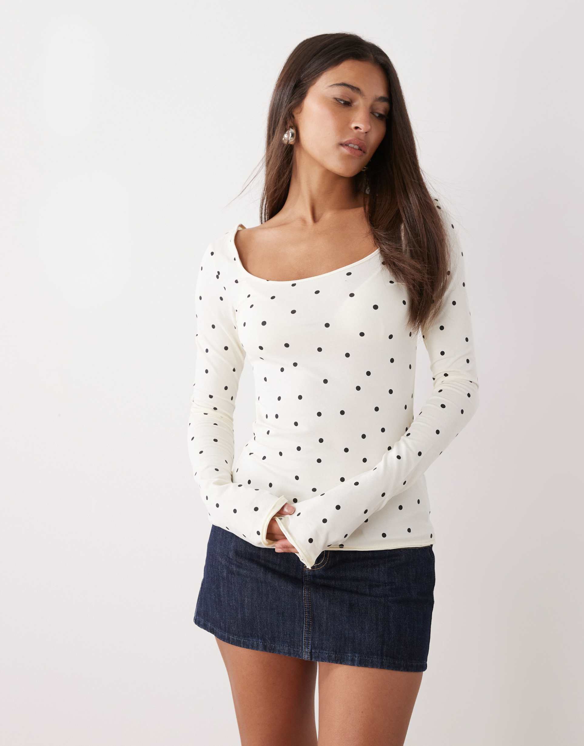 monki long sleeve scoop neck top in yellow polka dots