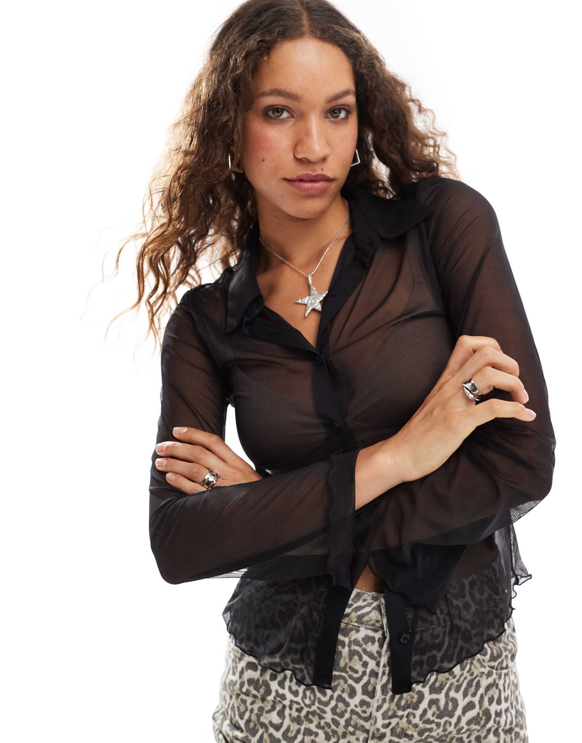 monki long sleeve sheer collar shirt in black