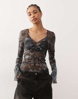 Monki Long Sleeve Sheer Frill Top In Blue