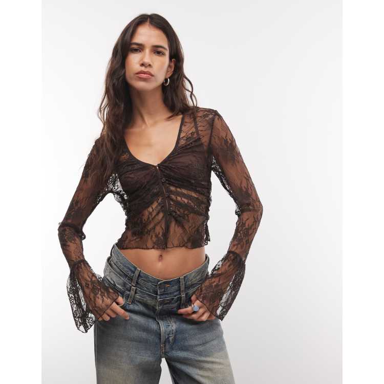 トップス andmary Nini lace long sleeve tops Monki long sleeve sheer lace top in chocolate brown | ASOS