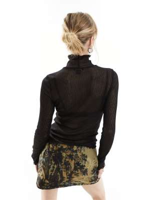 Monki Long Sleeve Sheer Ribbed High Neck Top With Lettuce Seam In Black