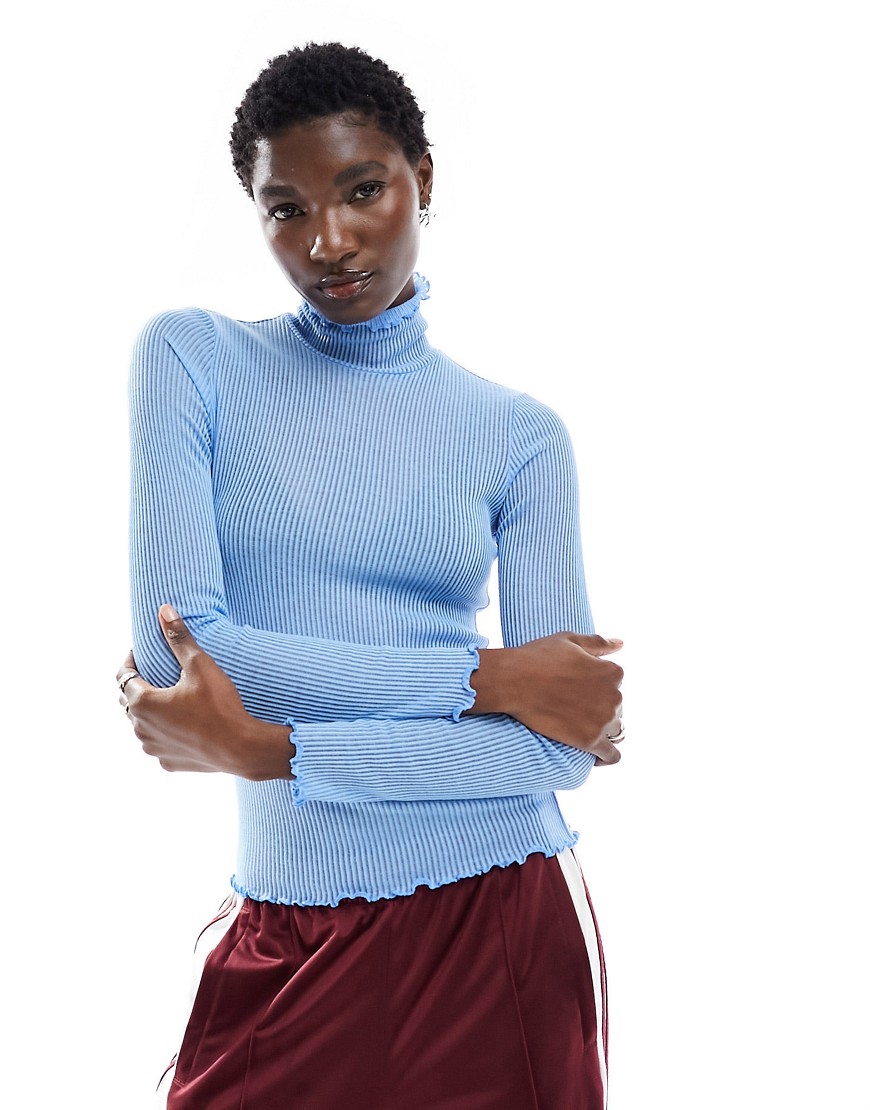 Monki Long Sleeve Sheer Ribbed High Neck Top With Lettuce Seam In Blue