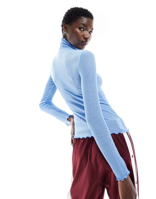 Monki long sleeve sheer ribbed high neck top with lettuce seam in blue