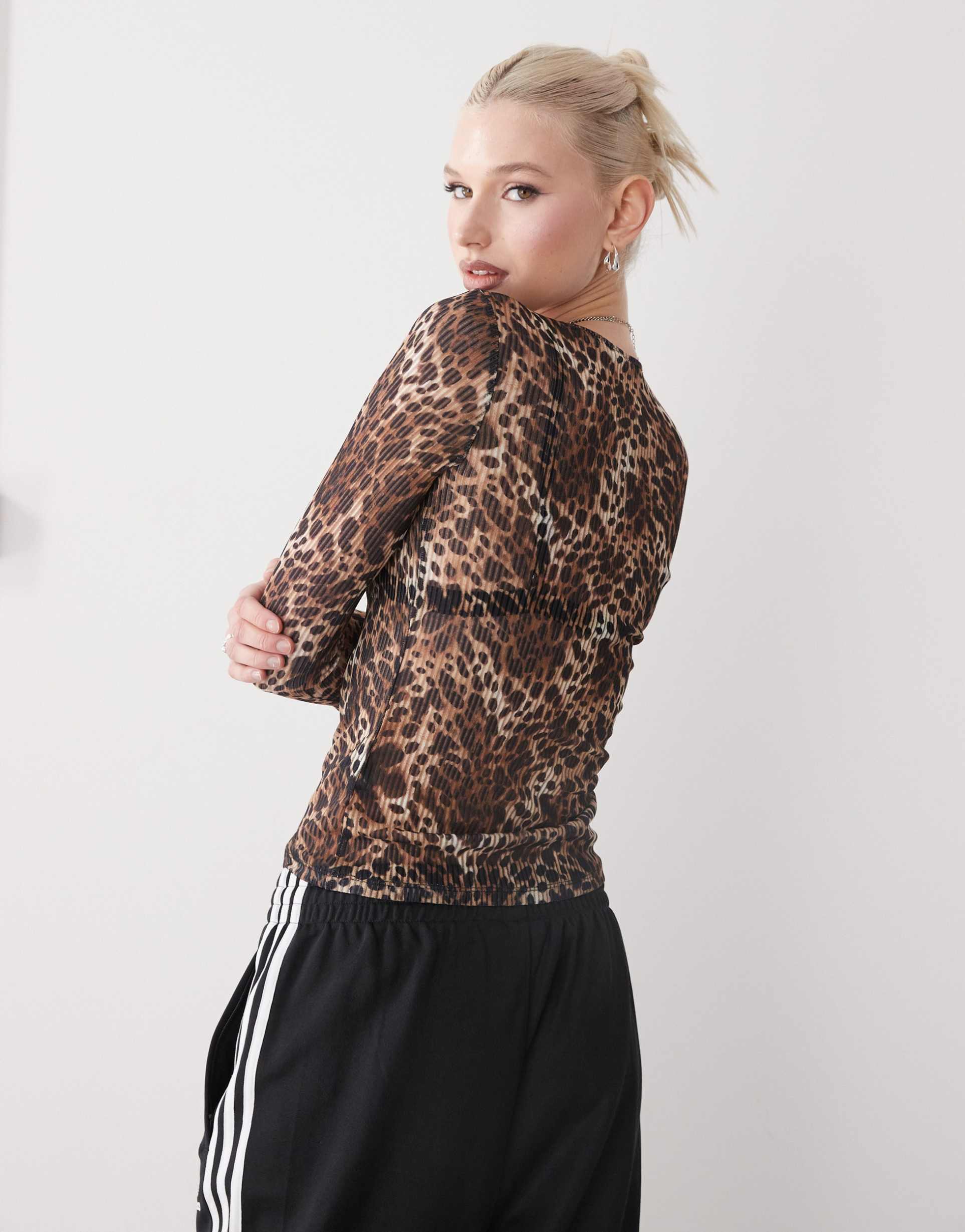monki long sleeve sheer ribbed top in brown leopard print