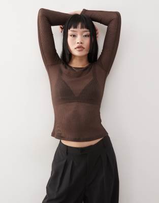 long sleeve sheer ribbed top in dark chocolate brown