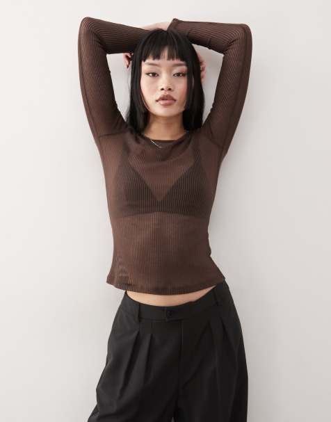Monki long sleeve sheer ribbed top in dark chocolate brown - view 1