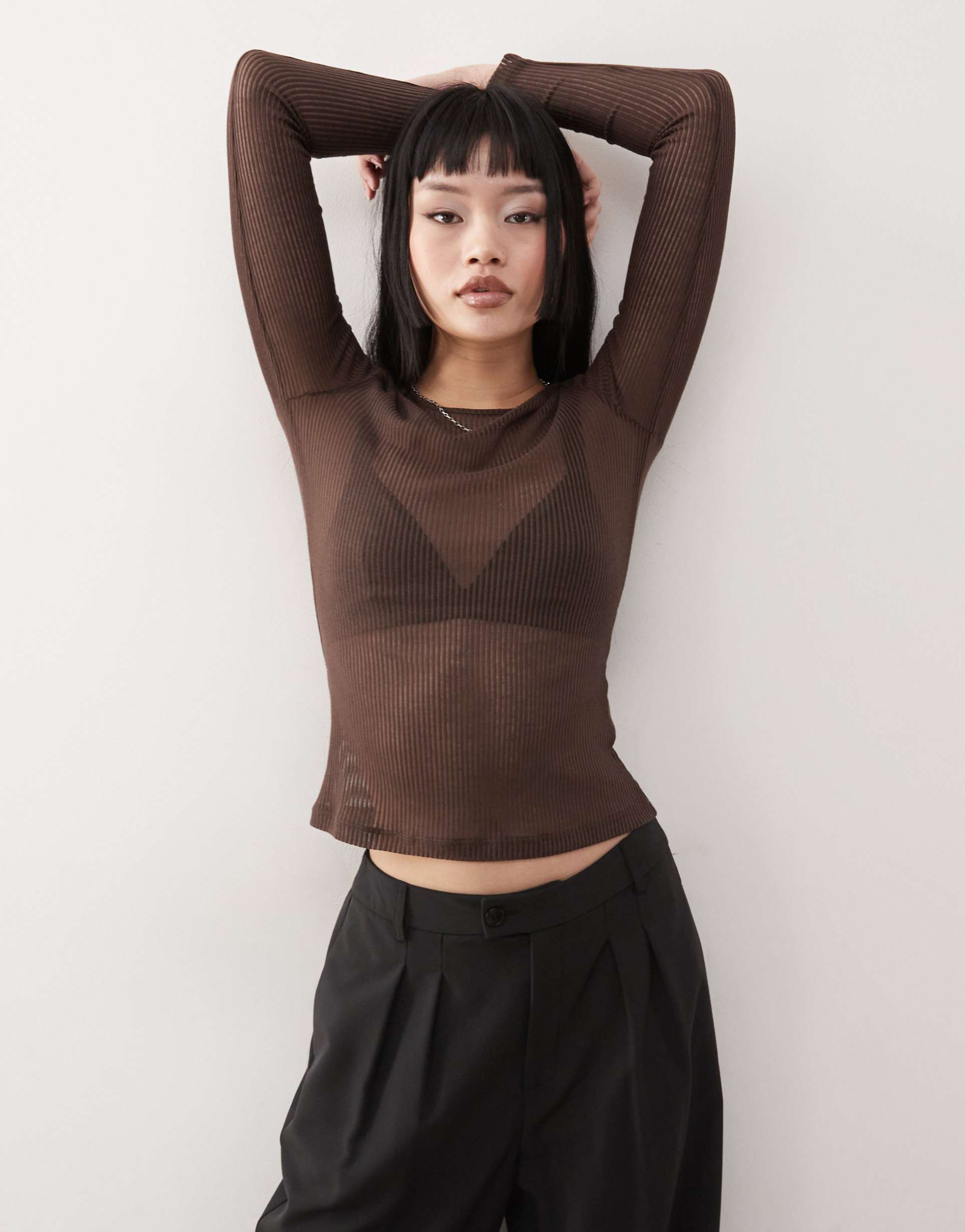 monki long sleeve sheer ribbed top in dark chocolate brown
